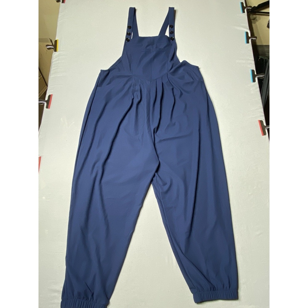 Women's Blue Knit Overall Jumpsuit Button Strap Pleated Jogger Harem Pants